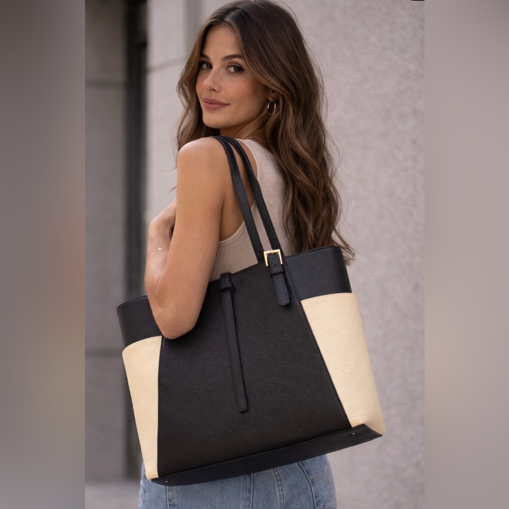Jane Winkworth London Pebbled Leather Tote Bag Made in Spain Black & Cream NWOT